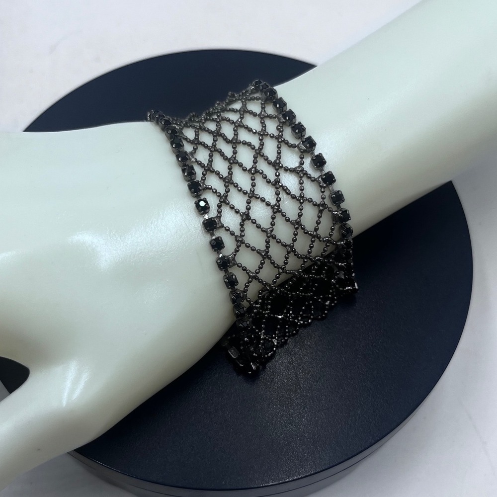 Black Crystal Beaded Fishnet Lattice Mesh Like Crochet Gothic Bracelet 8"